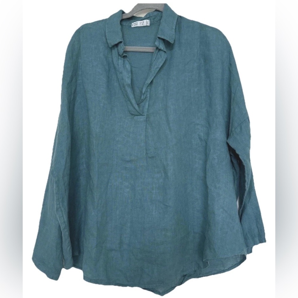 Puro Lino Italy 100% Linen Teal V Neck Tunic Top One Size OS Boxy Shirt Pullover